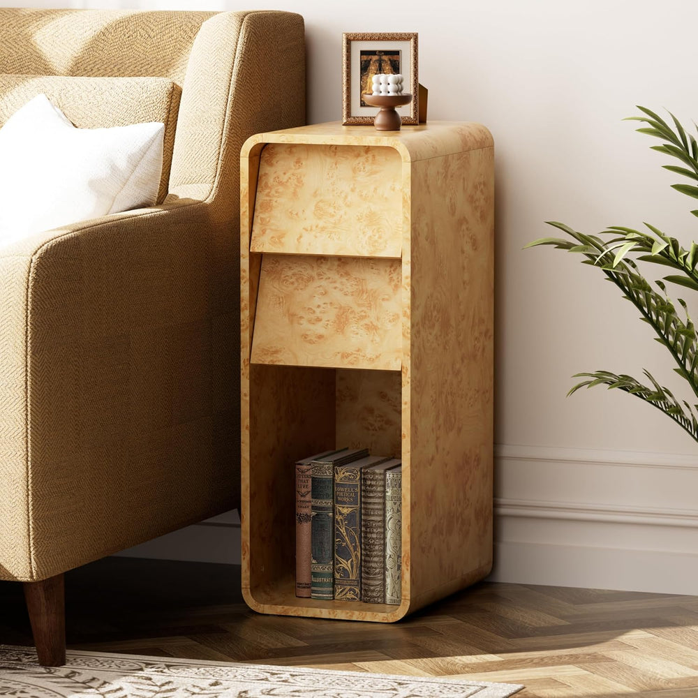 Aoikax Modern Burl Finish End Table with 2 Drawers and Open Storage, Curved W...