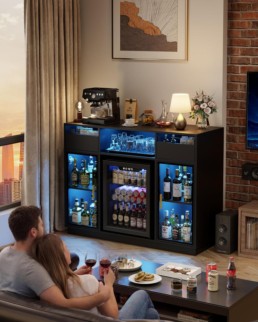 47" Large Coffee Bar Cabinet with Mini Fridge Space & LED Lights