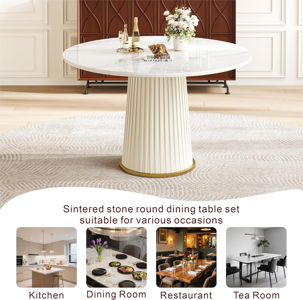 White Dining Table 43.30" Round Kitchen Table with Imitation Marble Grai...