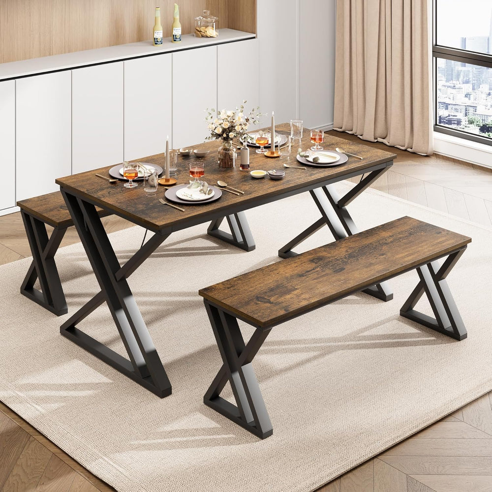 GarveeHome Kitchen Table with 2 Benches, Dining Table Set for 4, Saving Space...