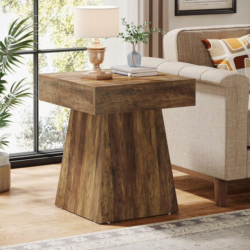 Tribesigns Small End Table, Rustic Square Side Table with Wide Base, Farmhous...