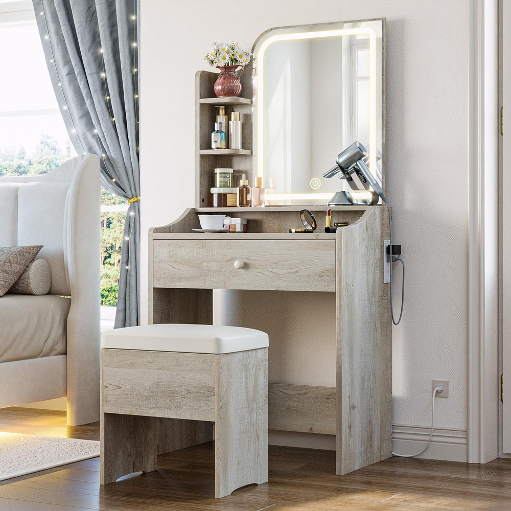 LIKIMIO Small Vanity Desk with Mirror Lights and Storage Stool | White Walnut...