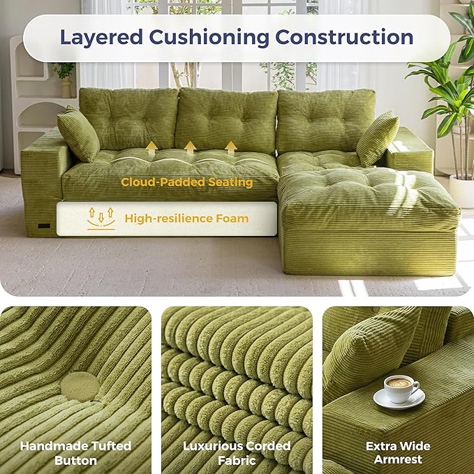 MAXYOYO 104" L Shaped Modular Sectional Sofa with Ottoman, Cloud Couch w...