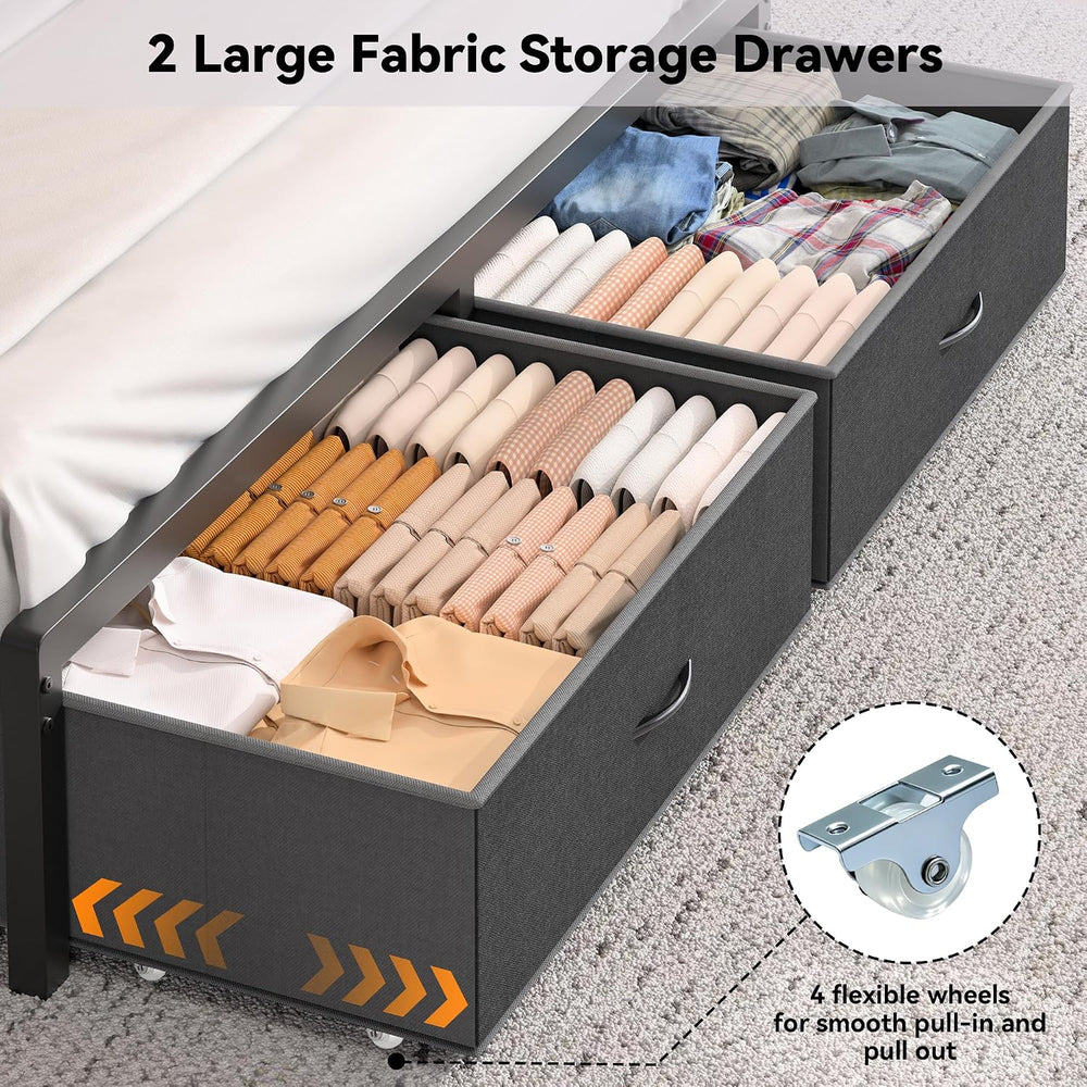 FreeHouse Queen Bed Frame with 2-Tier Storage Headboard and 2 Drawers, Grey