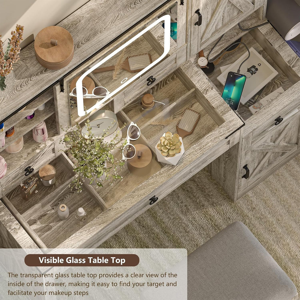 Farmhouse Vanity Desk with Mirror and Lights, 42” Makeup Vanity with Charging...