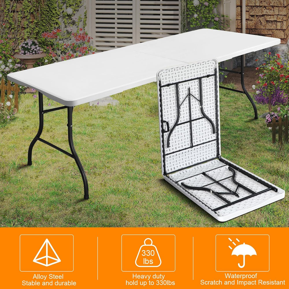 8ft Folding Table, Portable Heavy Duty Plastic Fold-in-Half Utility Table for...