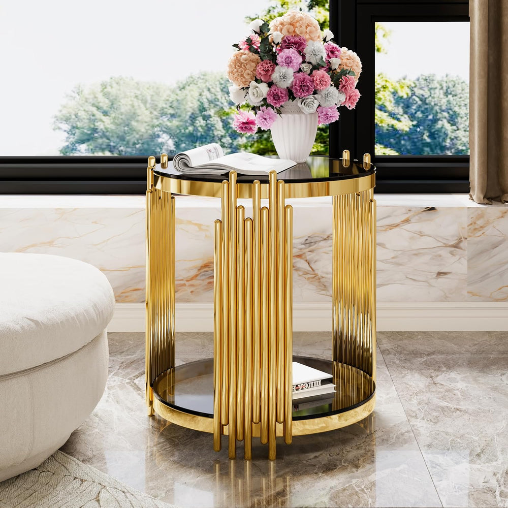 19.8" Round End Table with Gold Finish & Lower Shelf, Modern Black M...