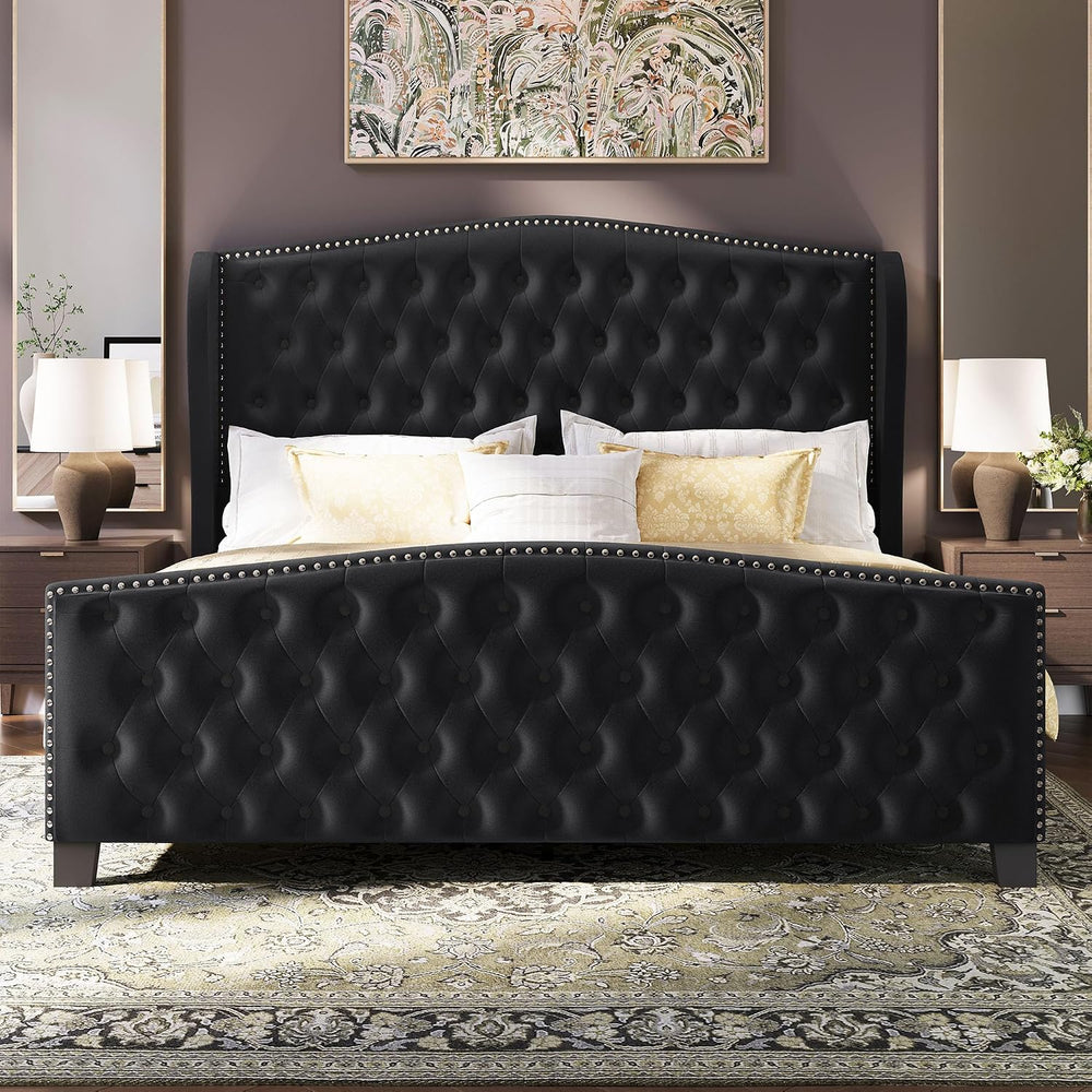 BRELTAM Upholstered King Size Bed Frame Velvet Black Tufted Platform Bed Fram...