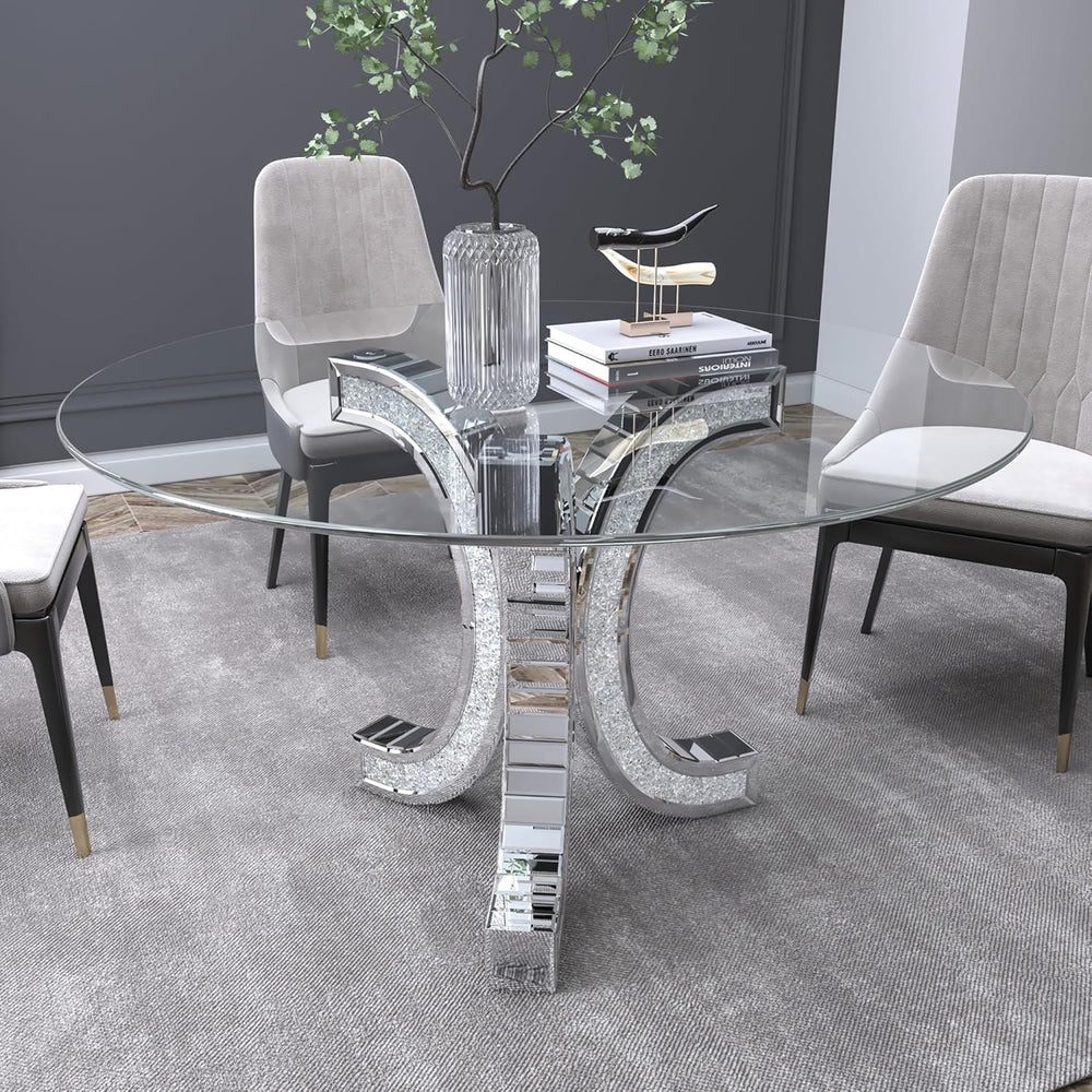 52" Round Glass Pedestal Dining Table with Tempered Glass Top, Mirrored ...