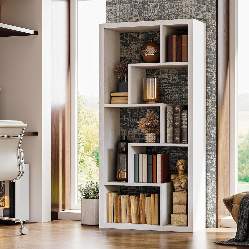 IRONCK Geometric Bookcase 6-Shelf Industrial Bookshelf White Etagere Bookcase...