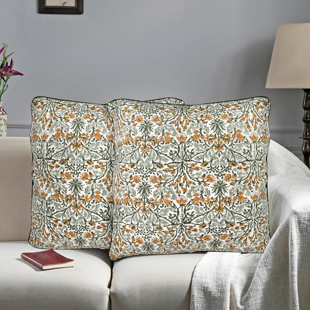 Ridhi Goldenrod Yellow Block Print Cotton Pillow Cover 18x18 Inch Set of 2