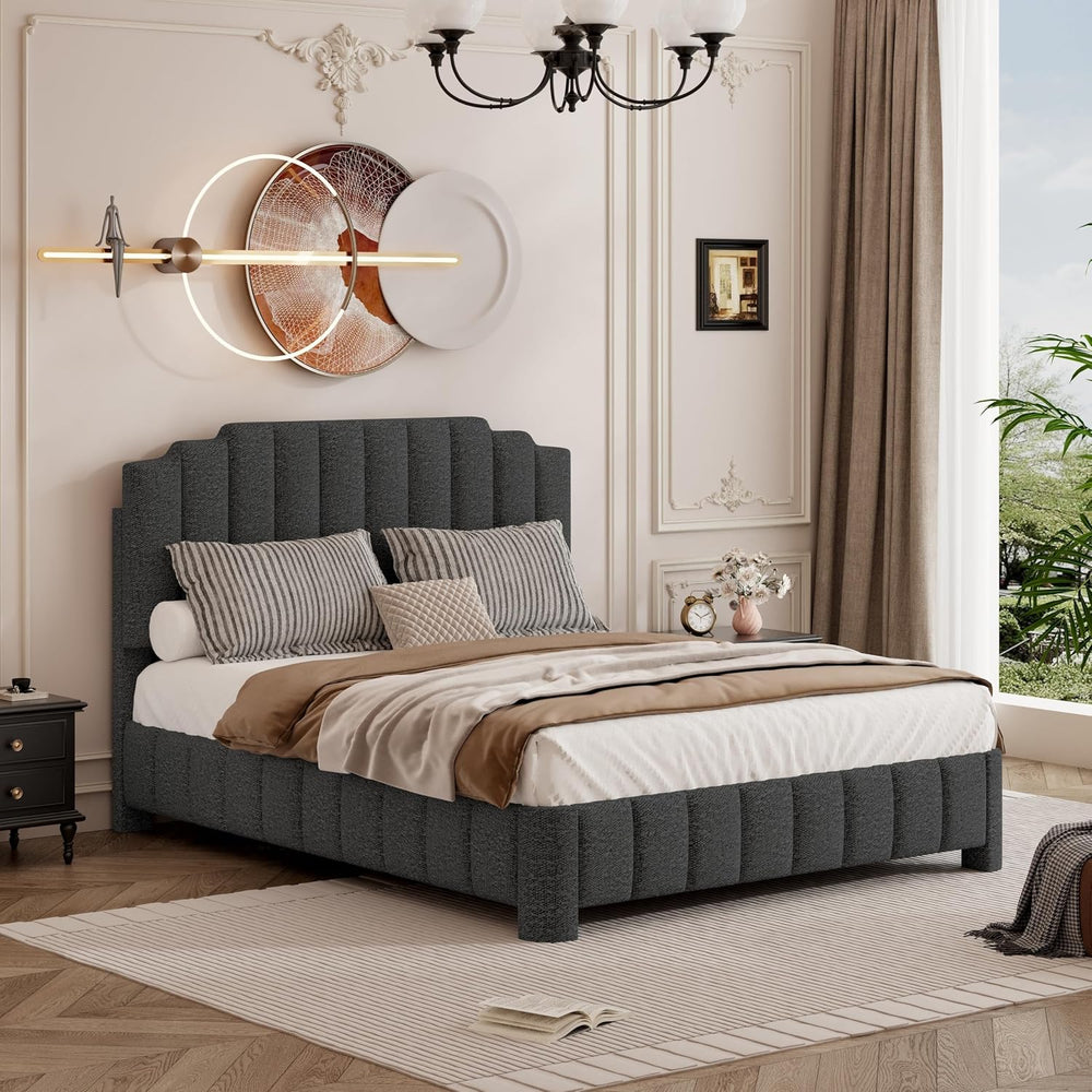 Queen Bed Frame with Adjustable Headboard, Boucle Queen Size Bed Frame