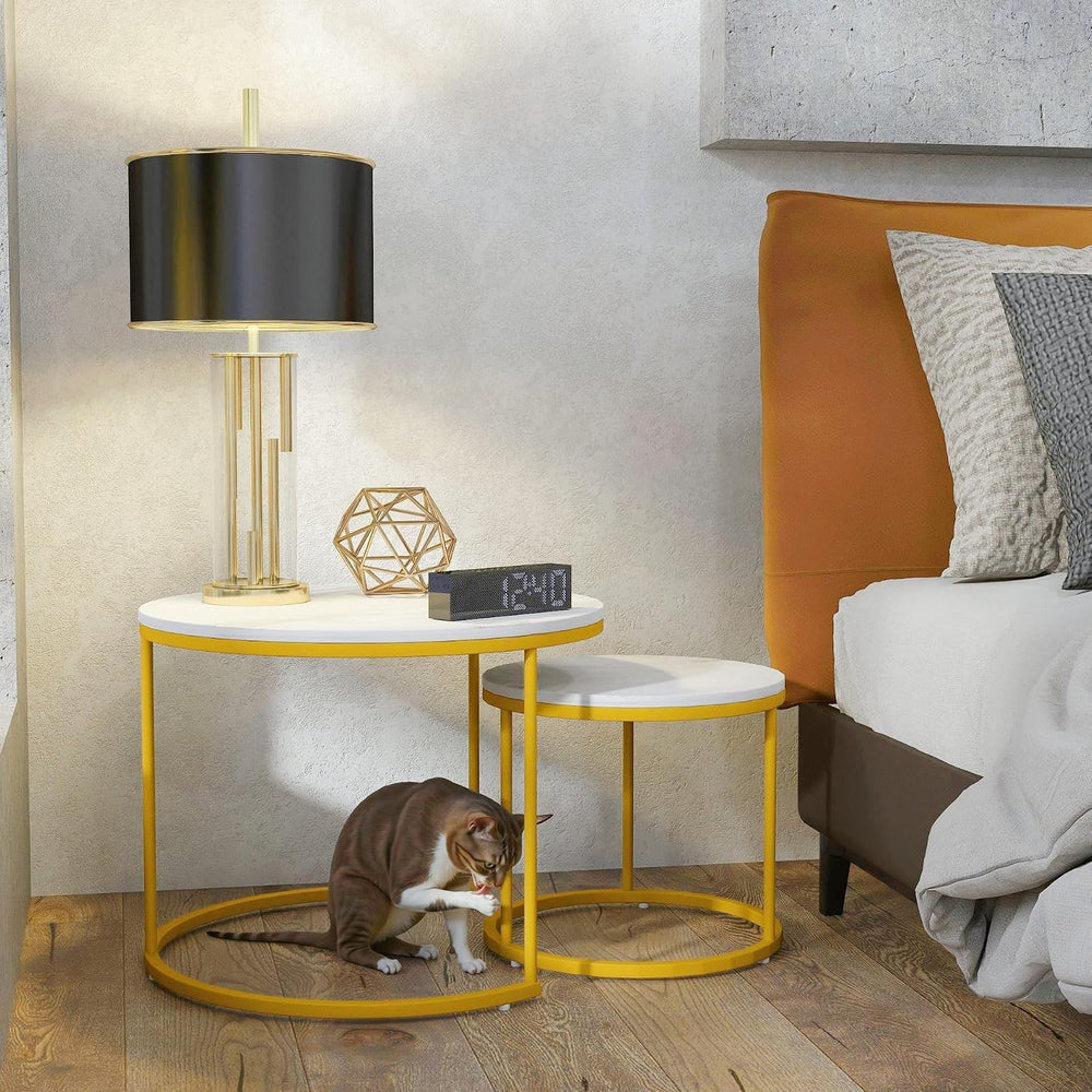 Round Nesting Coffee Tables Set: White Gold Marble Nesting Coffee Table Set o...