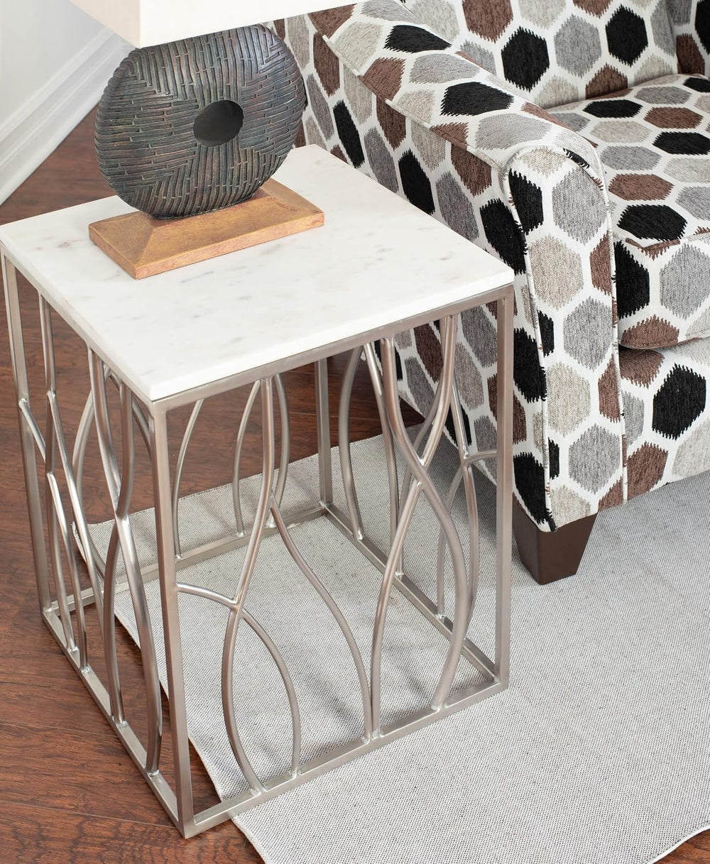 Penau Square Marble End Table, White Marble Top with Natural Gray Veins, Poli...