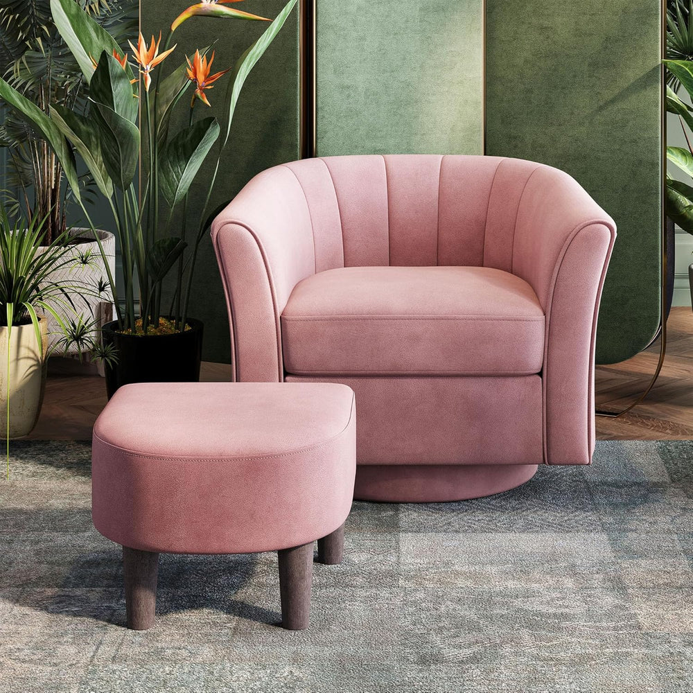 LINSY Large Swivel Accent Chair with Ottoman, Velvet Barrel Chair with Footre...