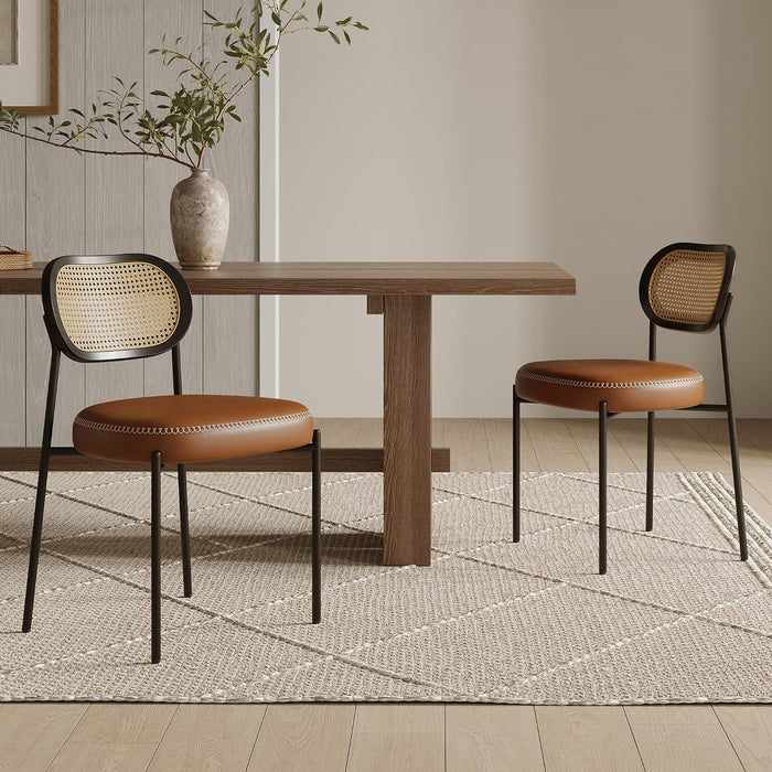 Rattan Dining Chairs Set of 4, Camel Leather Upholstered Dining Chairs with Rattan Cane Back, Mid Century Modern Dining Room Chairs with Black Metal Legs & D-Shaped Thicken Cushion, Camel