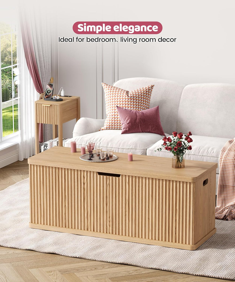 Akxomel 45.3" Fluted Storage Chest Wooden Storage Trunk 2 Safety Hinges ...