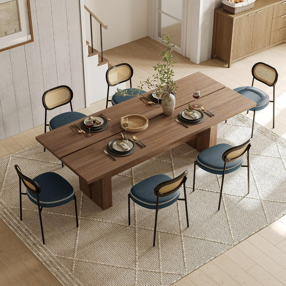 Rattan Dining Chairs Set of 2, Blue Leather Upholstered Dining Chairs with Ra...