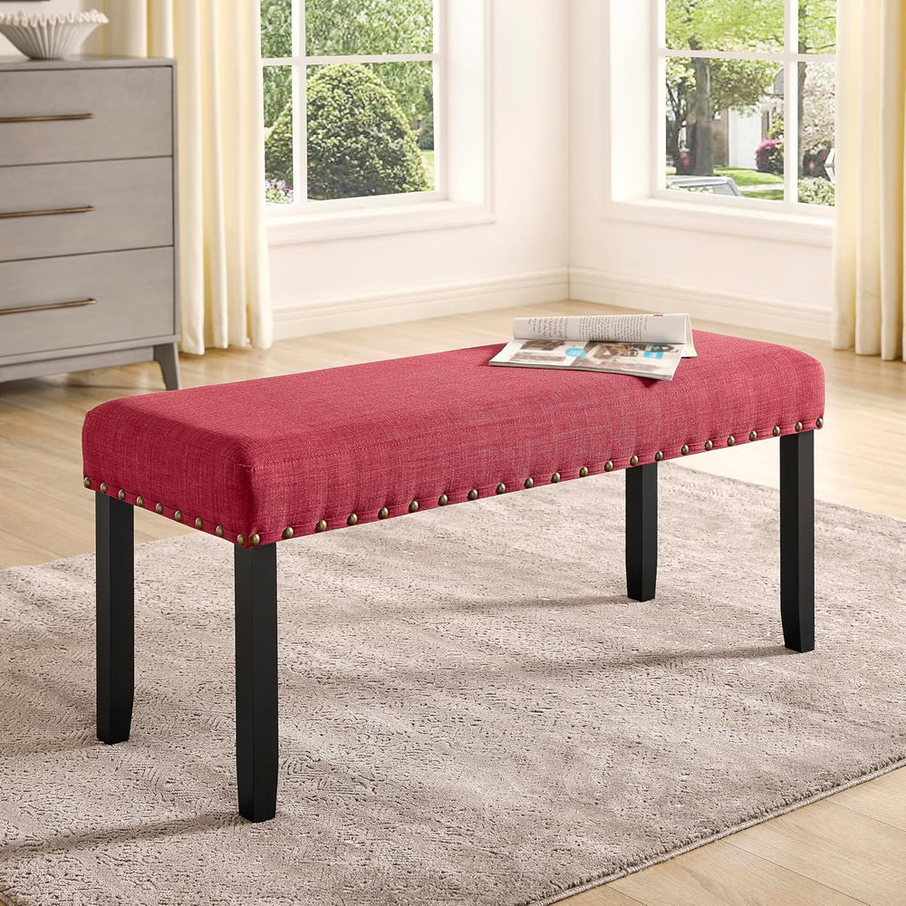 Roundhill Furniture Biony Fabric Dining Bench with Nailhead Trim, Red