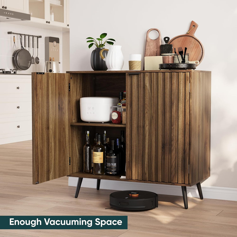 Walnut Buffet Cabinet with Storage, Sideboard Cabinet with Fluted Doors and M...