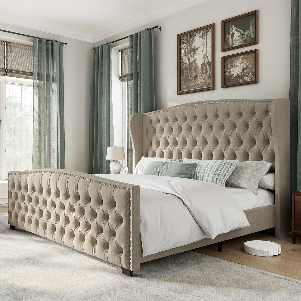 AMERLIFE King Size Bed Frame with Velvet Upholstered Wingback Headboard