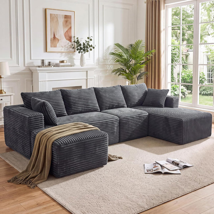 118" U Shaped Boneless Couches for Living Room, Modular Sectional Sofa with Chaise Ottoman, 4 Seater Corduroy Cloud Couch with Deep Seat, No Assembly Required, Gray, Right Facing Chaise