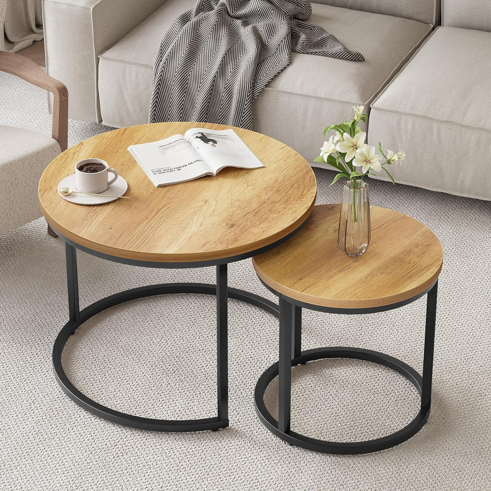 Smuxee Nesting Coffee Table Set of 2, 23.6" Round Coffee Table Brown Woo...