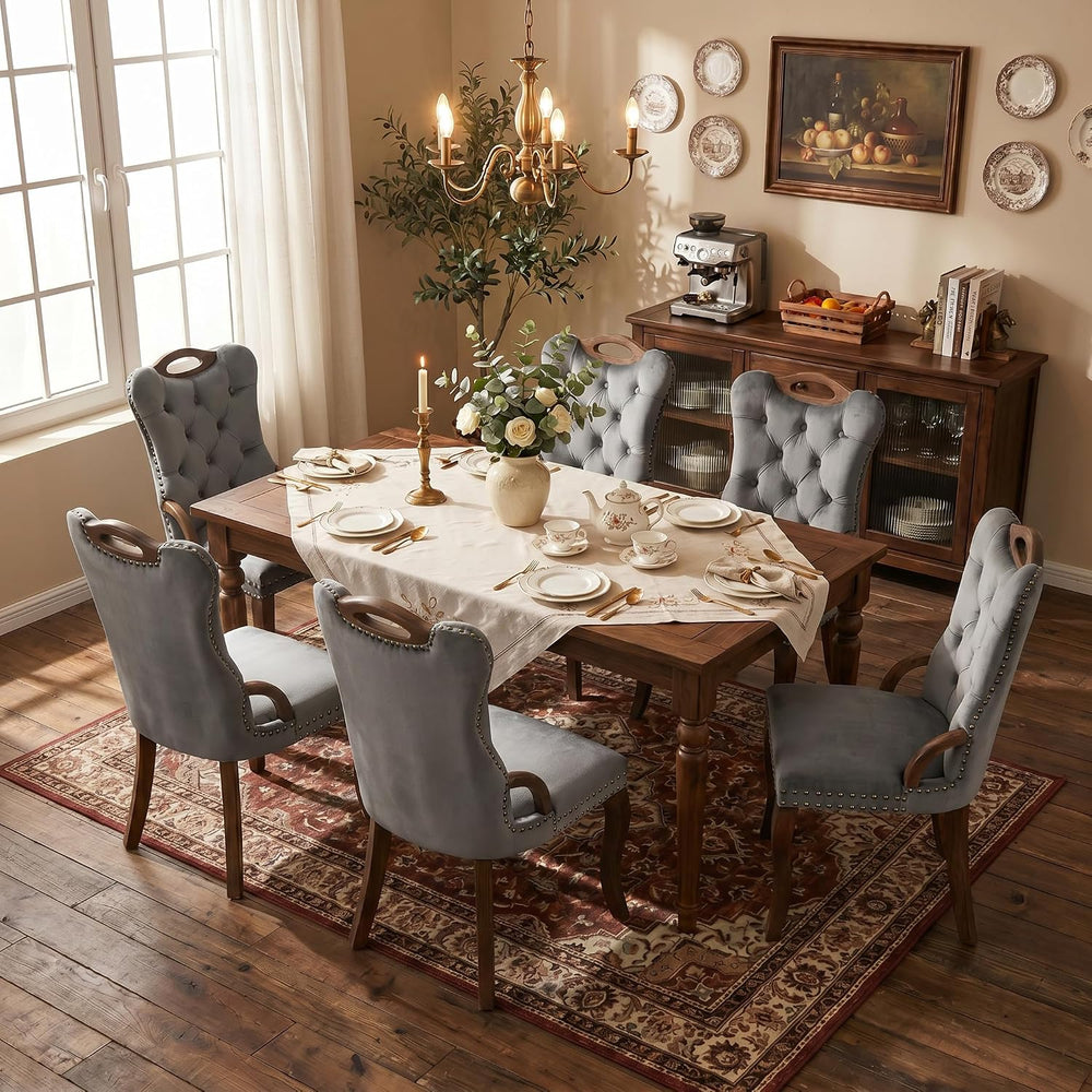 High Back Dining Chairs Set of 2 Vintage Velvet Upholstered Solidwood (Gray)