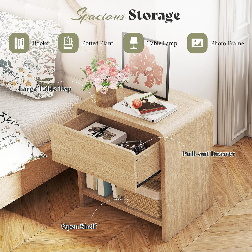 MERLIFE Modern Night Stand Set 2 with Storage Drawer & Open Shelves, Oak ...