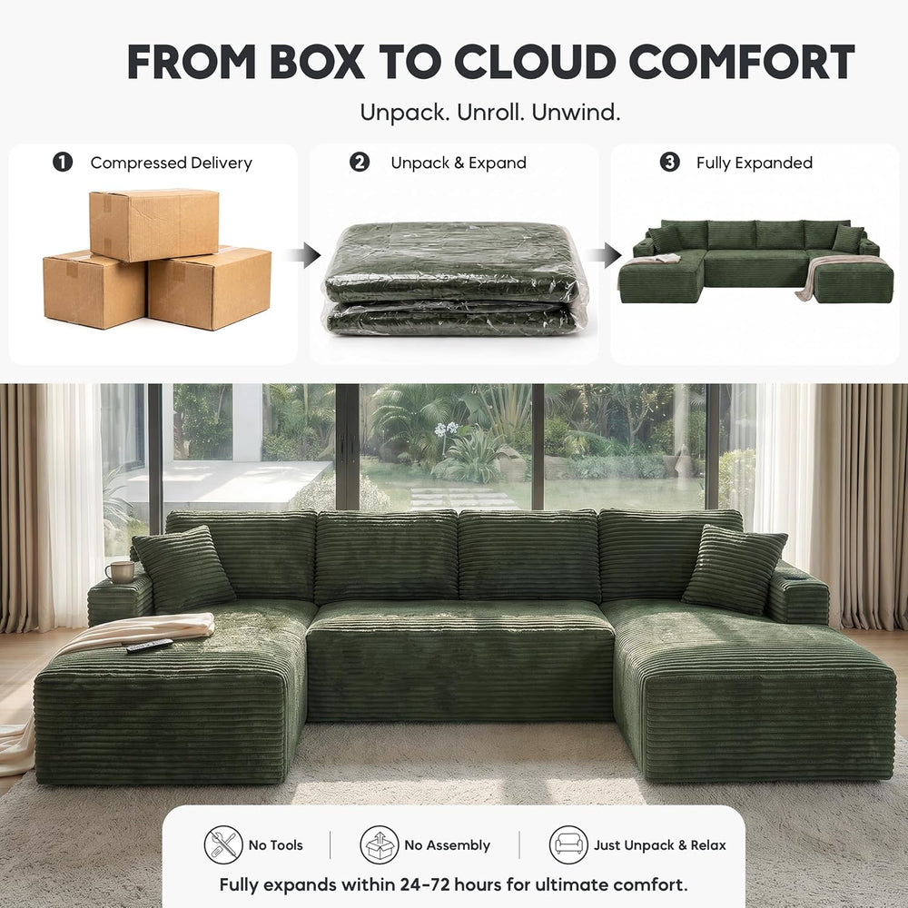 133" U-Shaped Modular Sectional Sofa, Corduroy Couch, Green | Cloud Luxu...