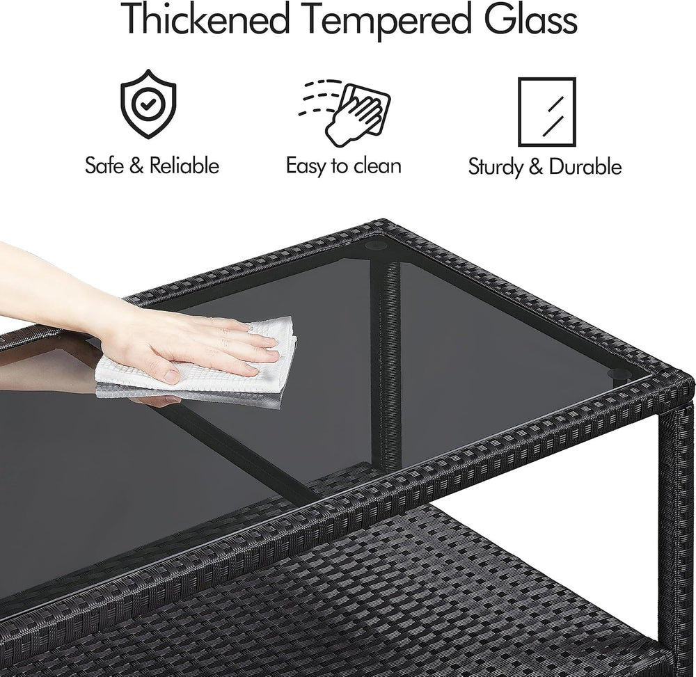 Yaheetech Outdoor Wicker Coffee Side Table with Tempered Glass Top, Black | A...