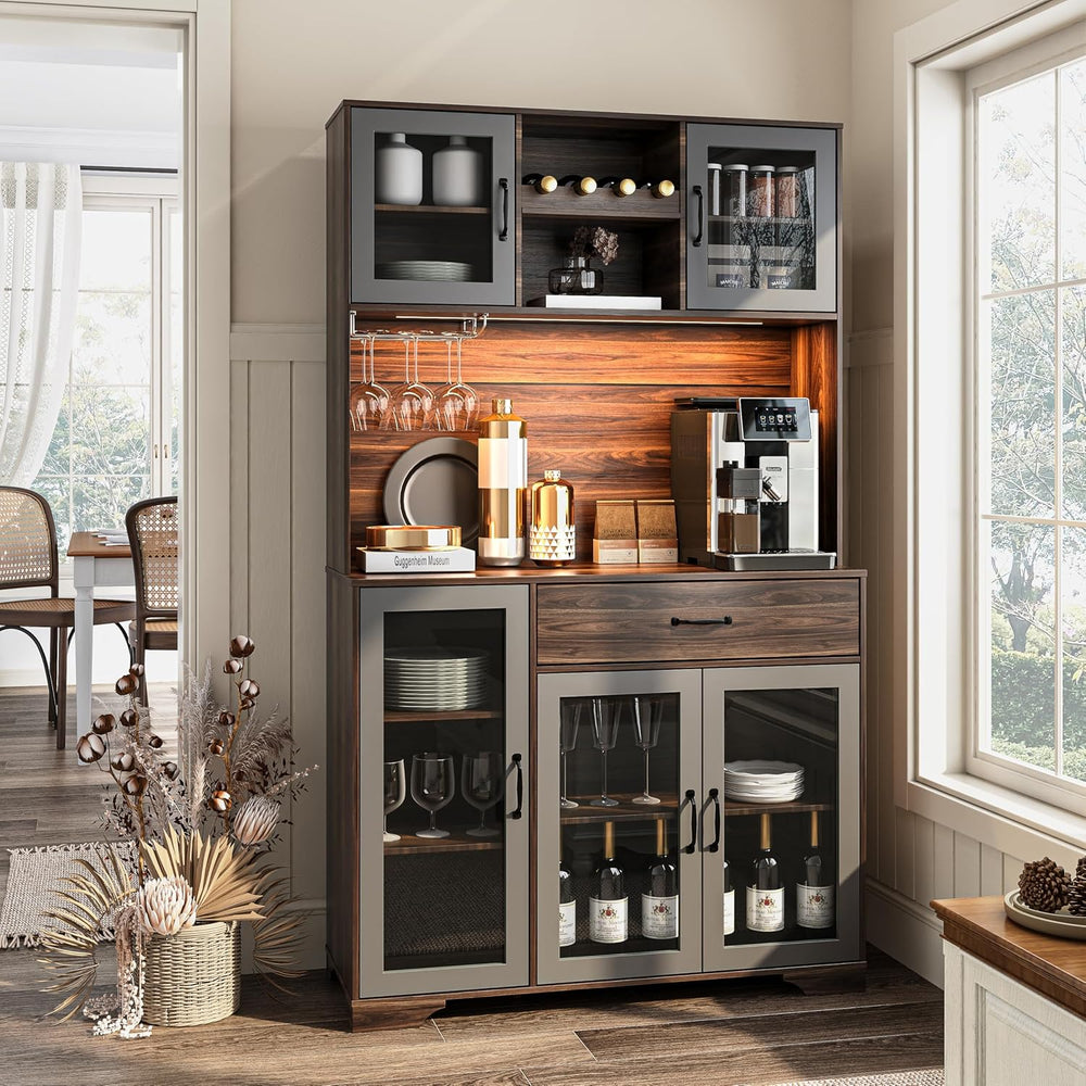 Fatmok 71" Tall Pantry Cabinet with Glass Doors, Kitchen Hutch Storage C...