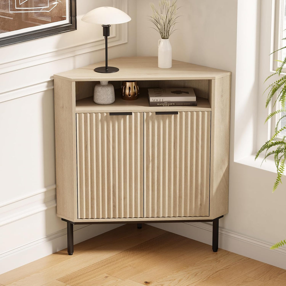 Fluted Corner Cabinet with Storage, Modern Floor Cabinets with Adjustable She...