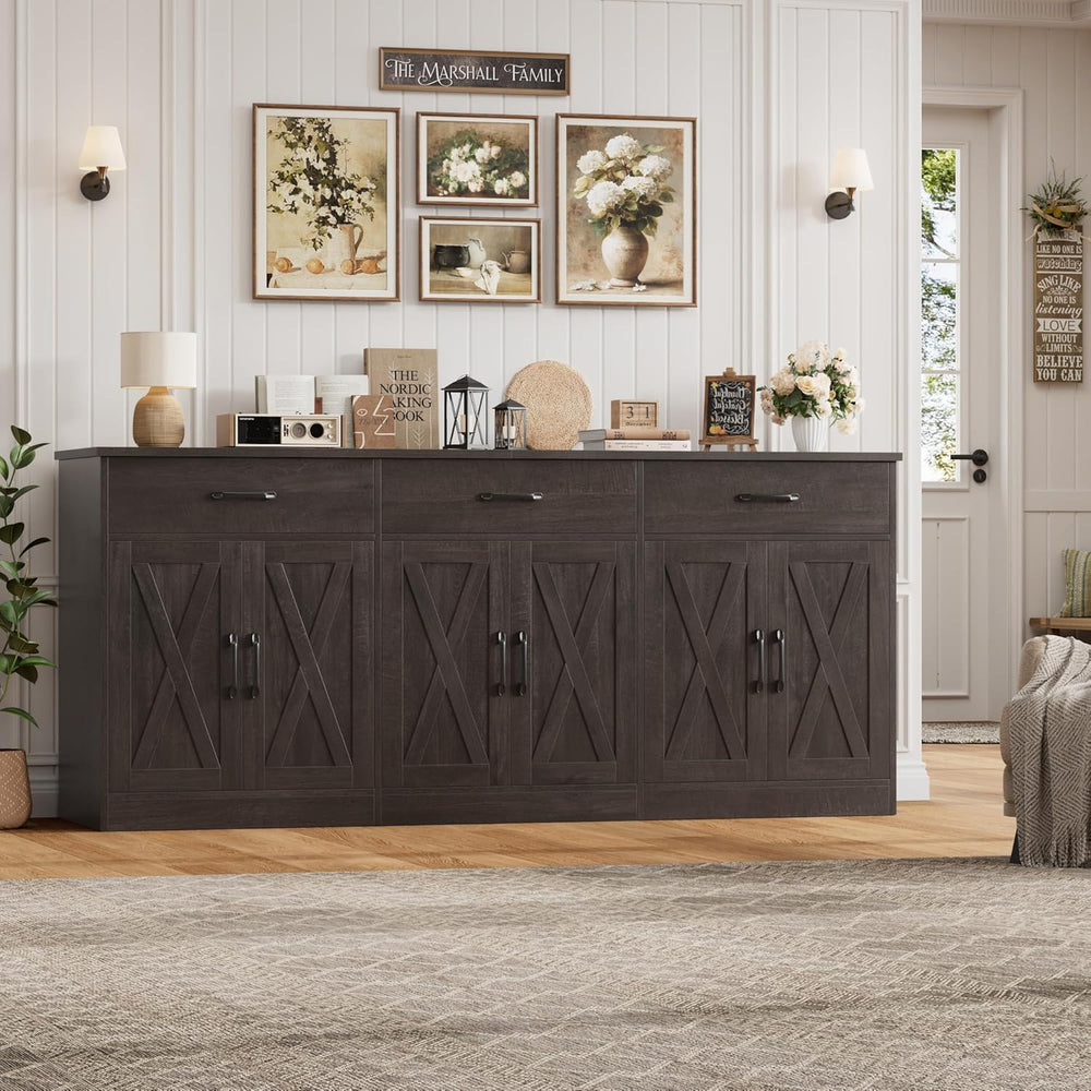 HOSTACK 71"W Farmhouse Kitchen Sideboard Buffet Cabinet with Storage, Brown