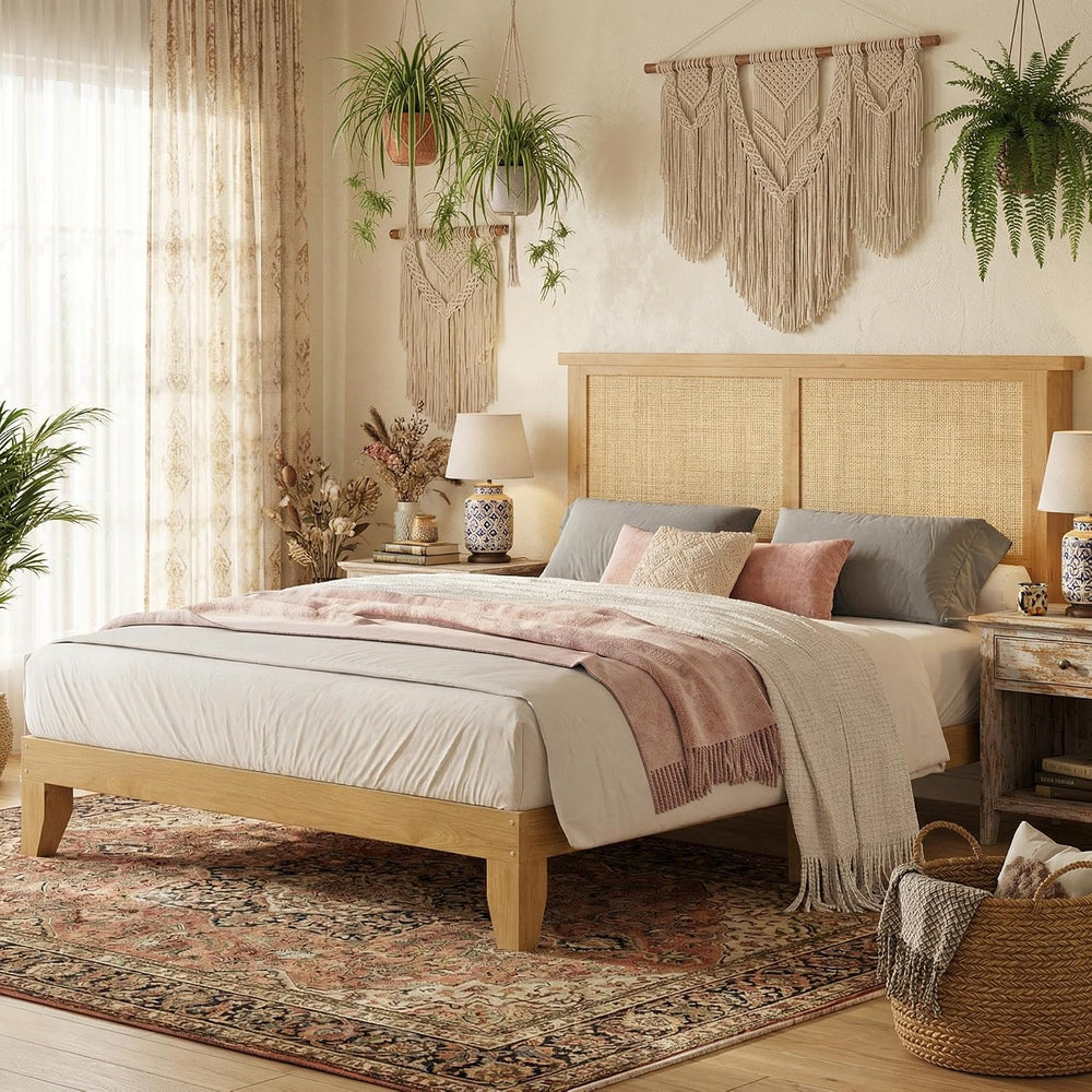 Rattan Bed Frame Full Size with Natural Rattan Headboard & LED Lights
