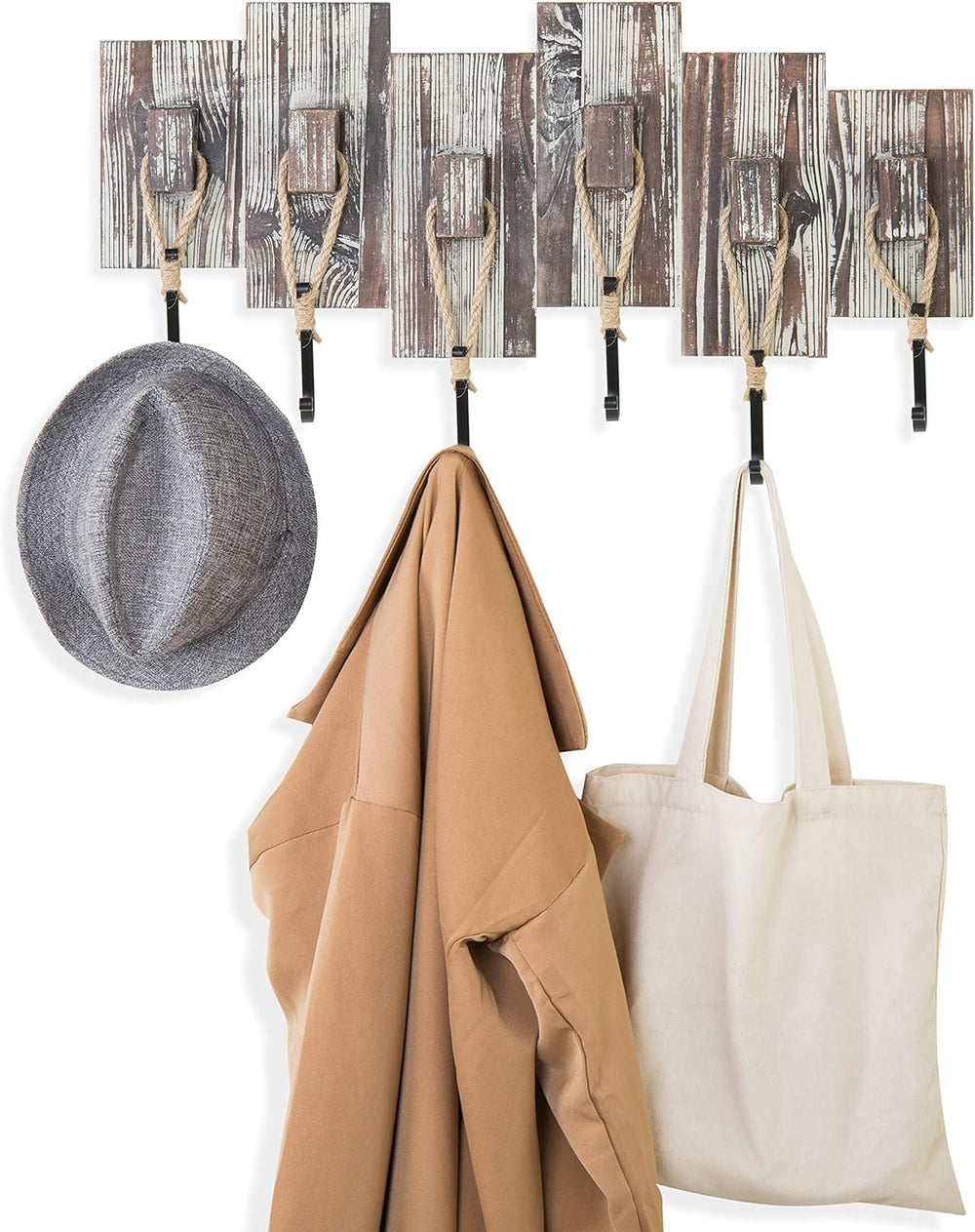 MyGift Torched Wood Wall-Mounted Coat Rack with 6 Rope & Black Metal Hooks