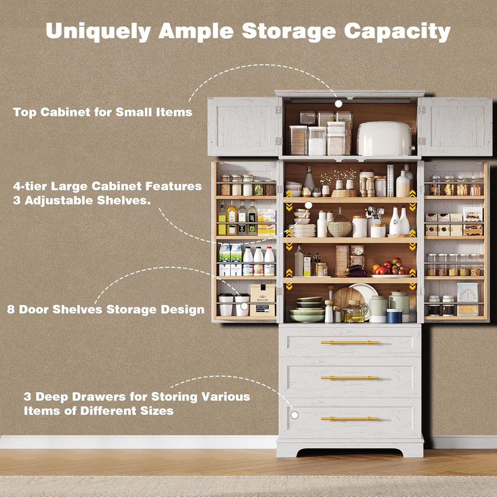 78.2" Tall Kitchen Pantry, Mid-Century Modern Storage Cabinet with 3 Dra...