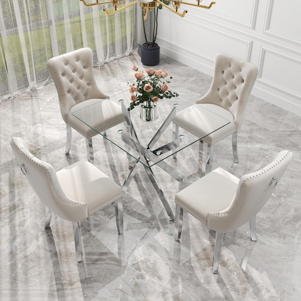 5 Pieces Silver Glass Dining Table Set, Modern Luxury Square Kitchen Table Se...