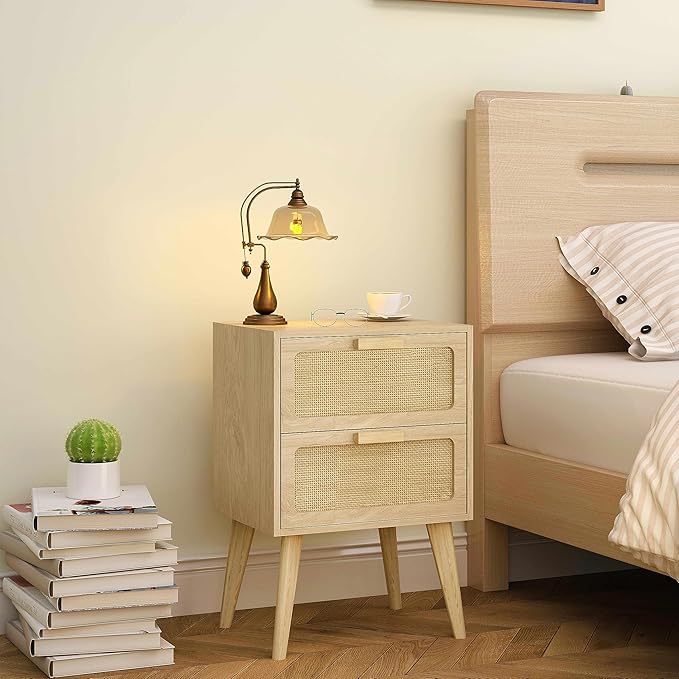 Rattan Nightstand,Boho Bedside with Storage,End Table,Side Table with 2 Hand ...