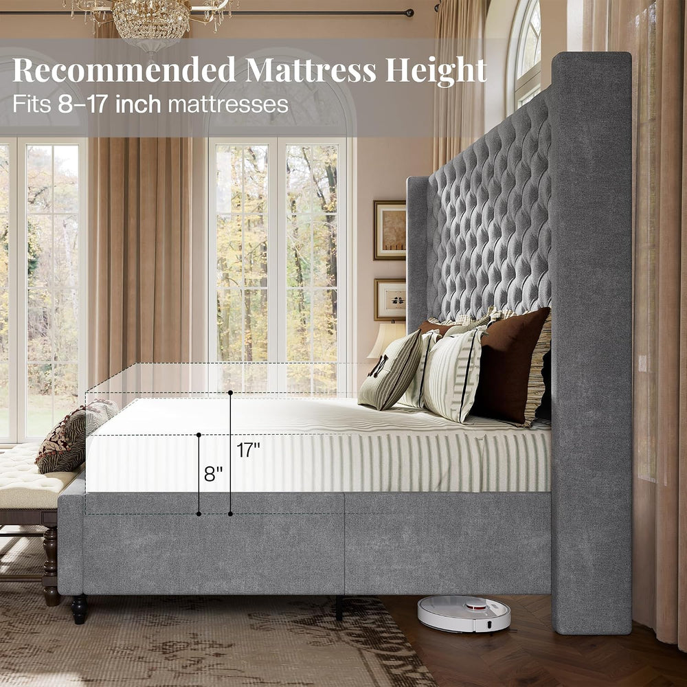 Jocisland Queen Bed Frame with 63" Tall Wingback Headboard, Grey