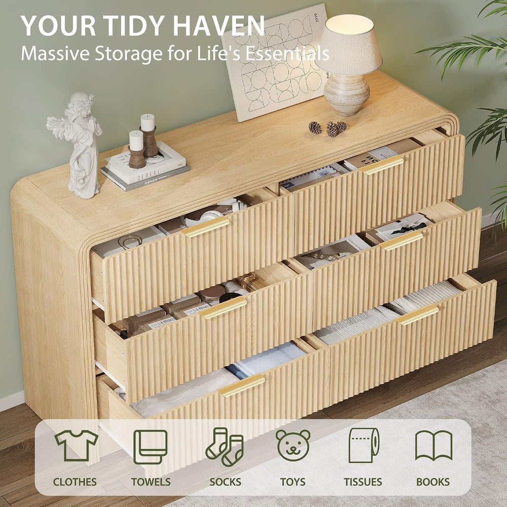 Decofy 55" W Fluted 6-Drawer Dresser for Bedroom,Natural Oak