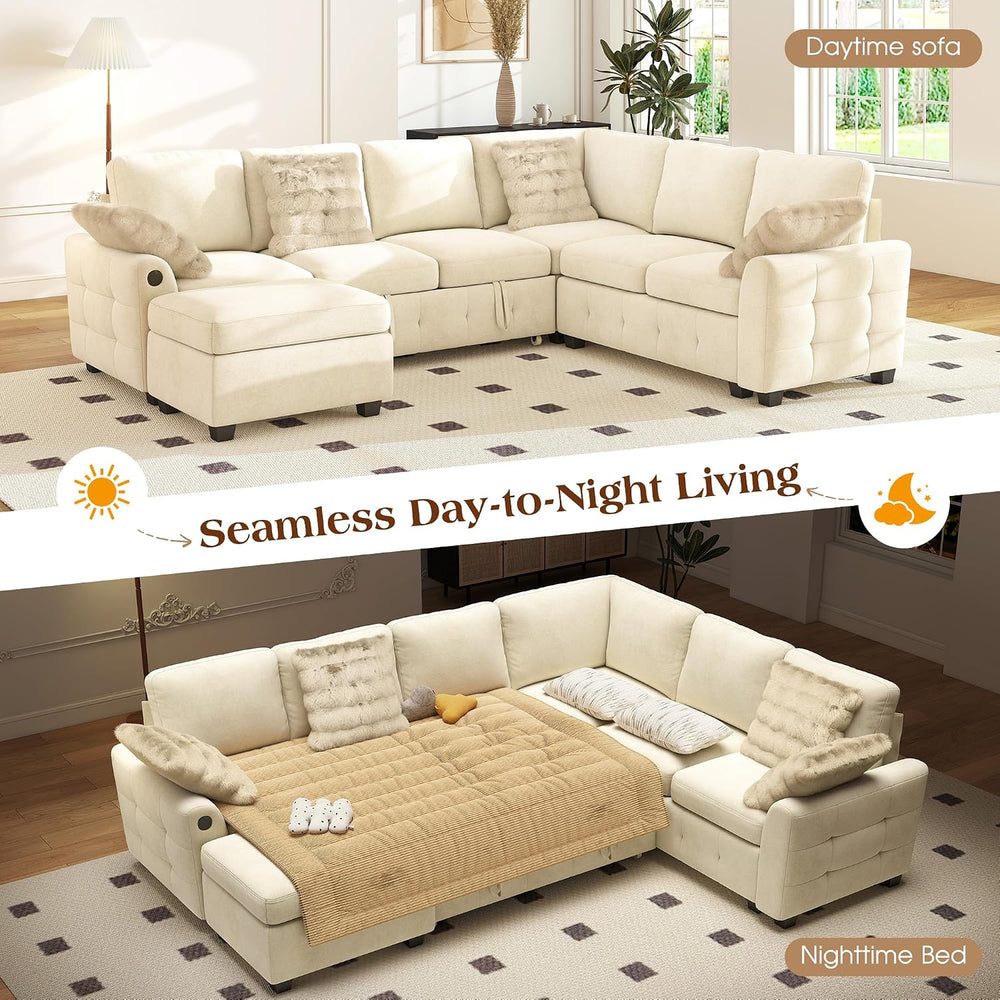 Ihanherry 106-inch Large L-Shaped Sectional Sofa Bed, 7-Seater Convertible Pu...