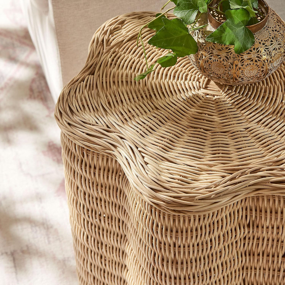 Modway Erika Scalloped Natural Rattan Side Table in Natural – 16 Inch Small R...