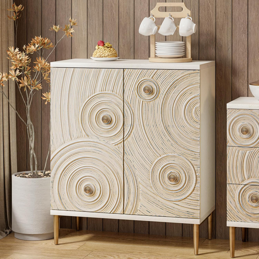 Aoikax Boho Embossed 2 Door Storage Cabinet with Ring Motif, White and Gold