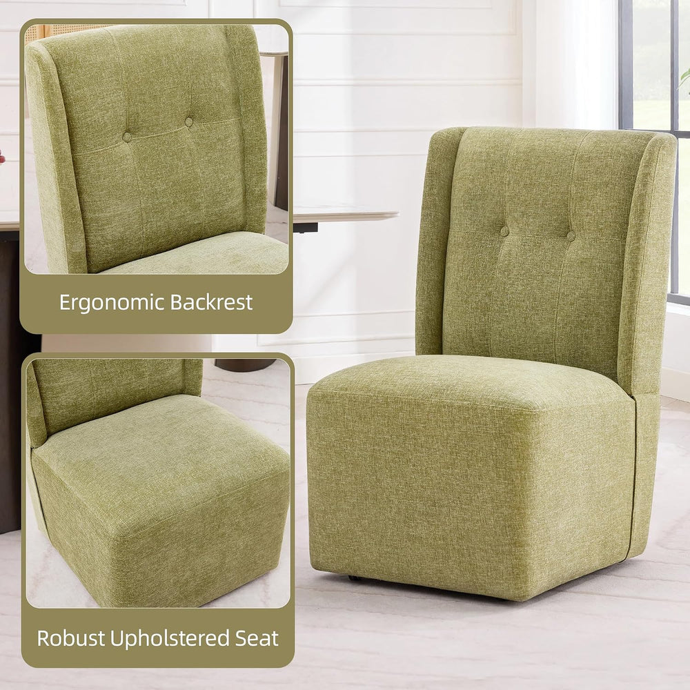Rolling Dining Chair with Casters, Modern Upholstered Armless High Back Swive...