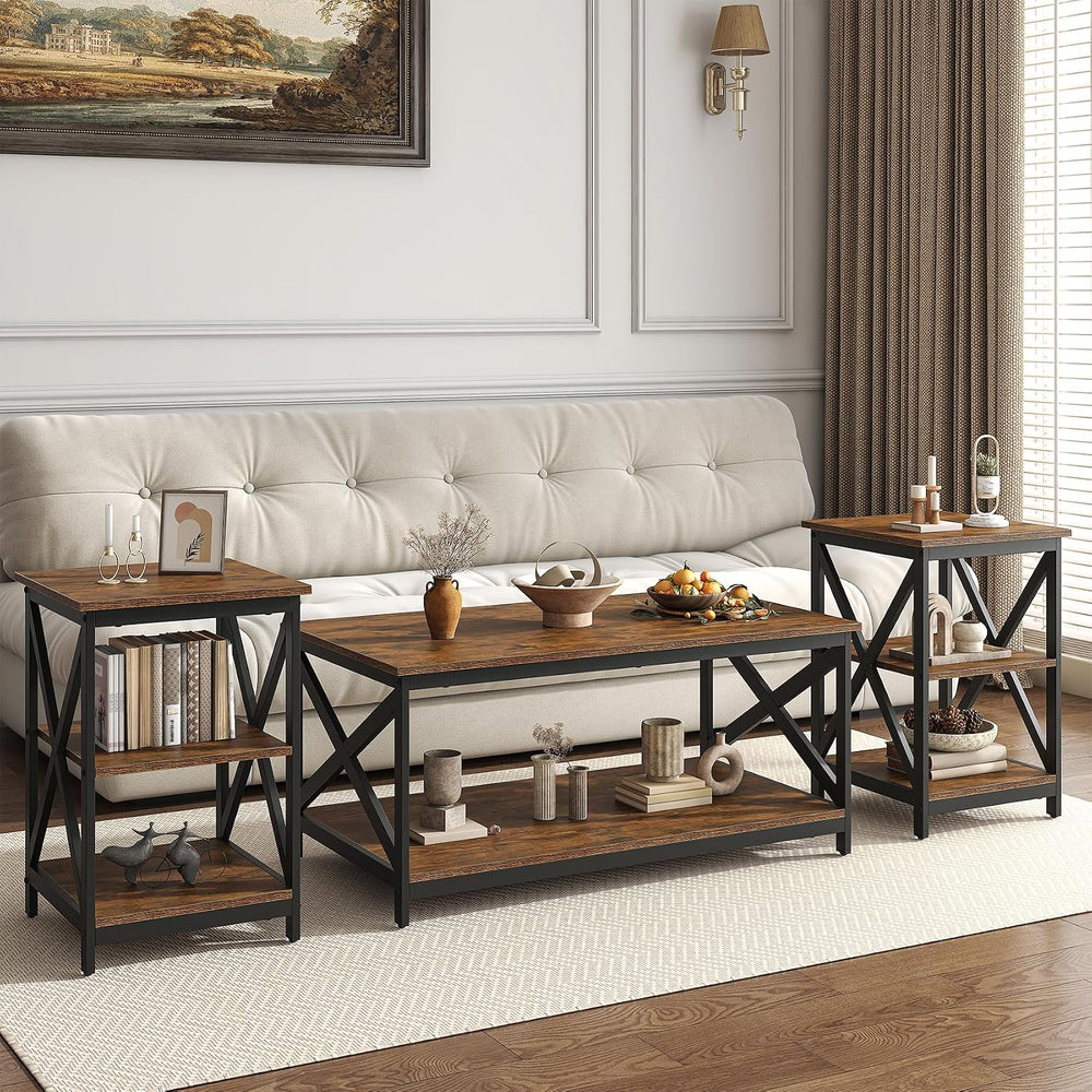Bigbiglife Living Room Coffee Table Set of 3, Industrial X-Design Coffee Tabl...
