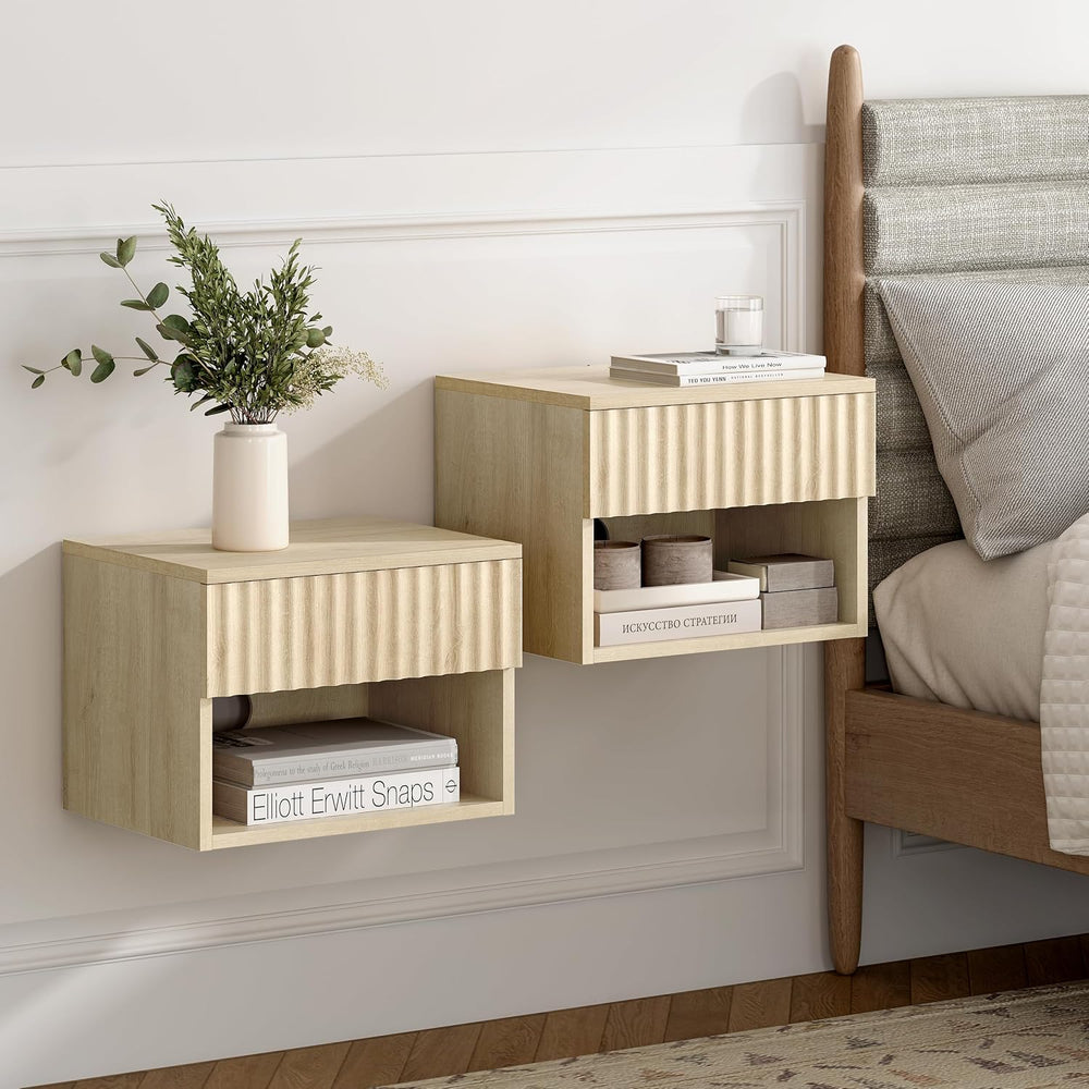 Small Floating Nightstand with Drawer, Modern Night Stand with Fluted Door an...