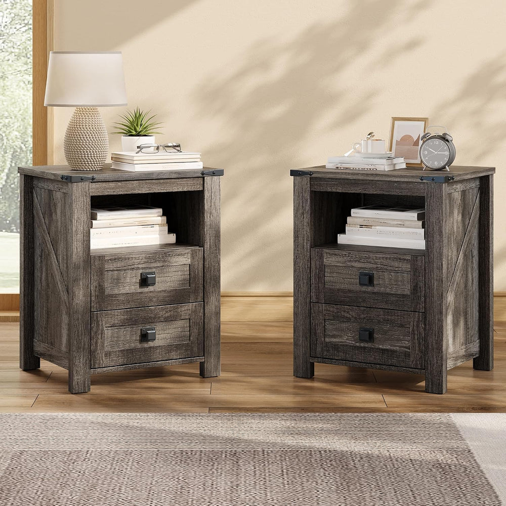 AMERLIFE Farmhouse Wood Nightstand Set of 2, End Table with Drawers, Grey | N...