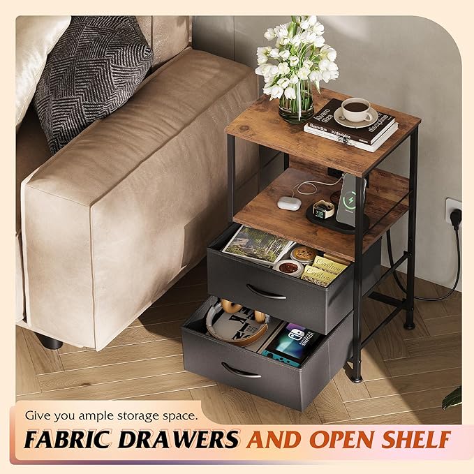 WLIVE Nightstand with Charging Station, LED Night Stand with 2 Fabric Drawers...