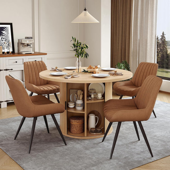 Miereirl Modern 5-Piece Dining Set for 4,47.24" Round Wooden Table with Semi-Open Storage Rack & Siding Door, Paired wth High-End Fabric Chairs -Warm Home Dining Room Combination